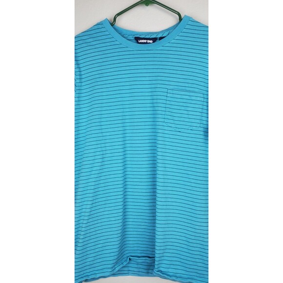 Land's End Men's Large Blue Striped T-Shirt 100% Cotton Chest Pocket - Picture 2 of 5